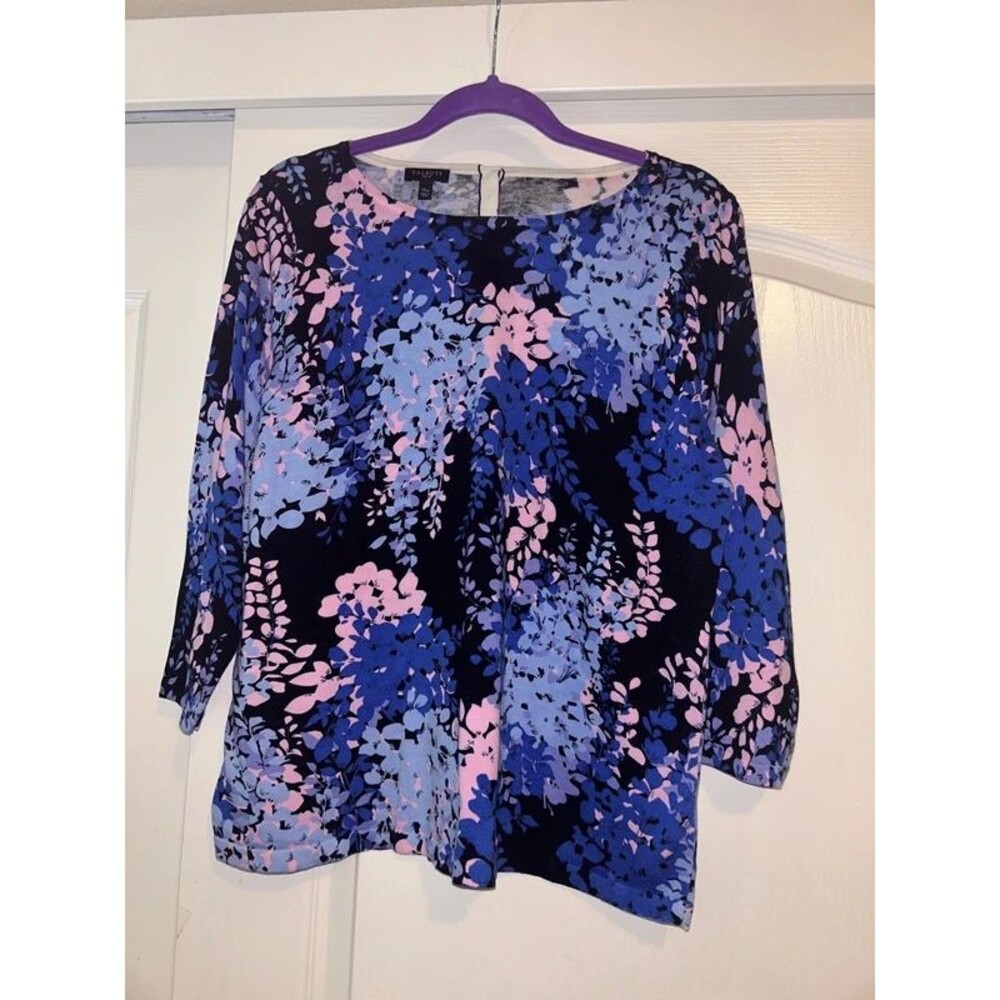 Talbots black with blue and purple floral 3/5 sleeve sweater top XLP